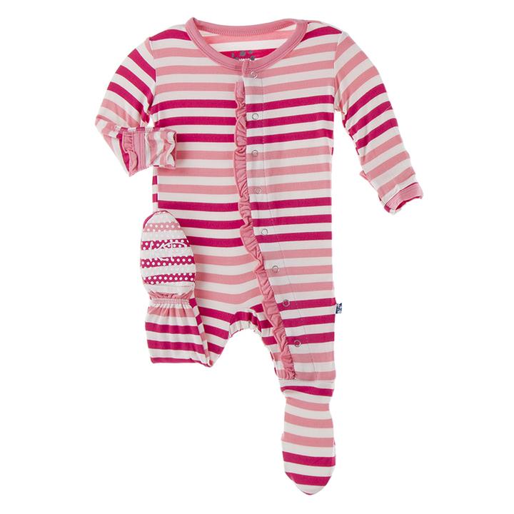 KicKee Pants Muffin Ruffle Footie with Zipper - Natural Rose Trellis
